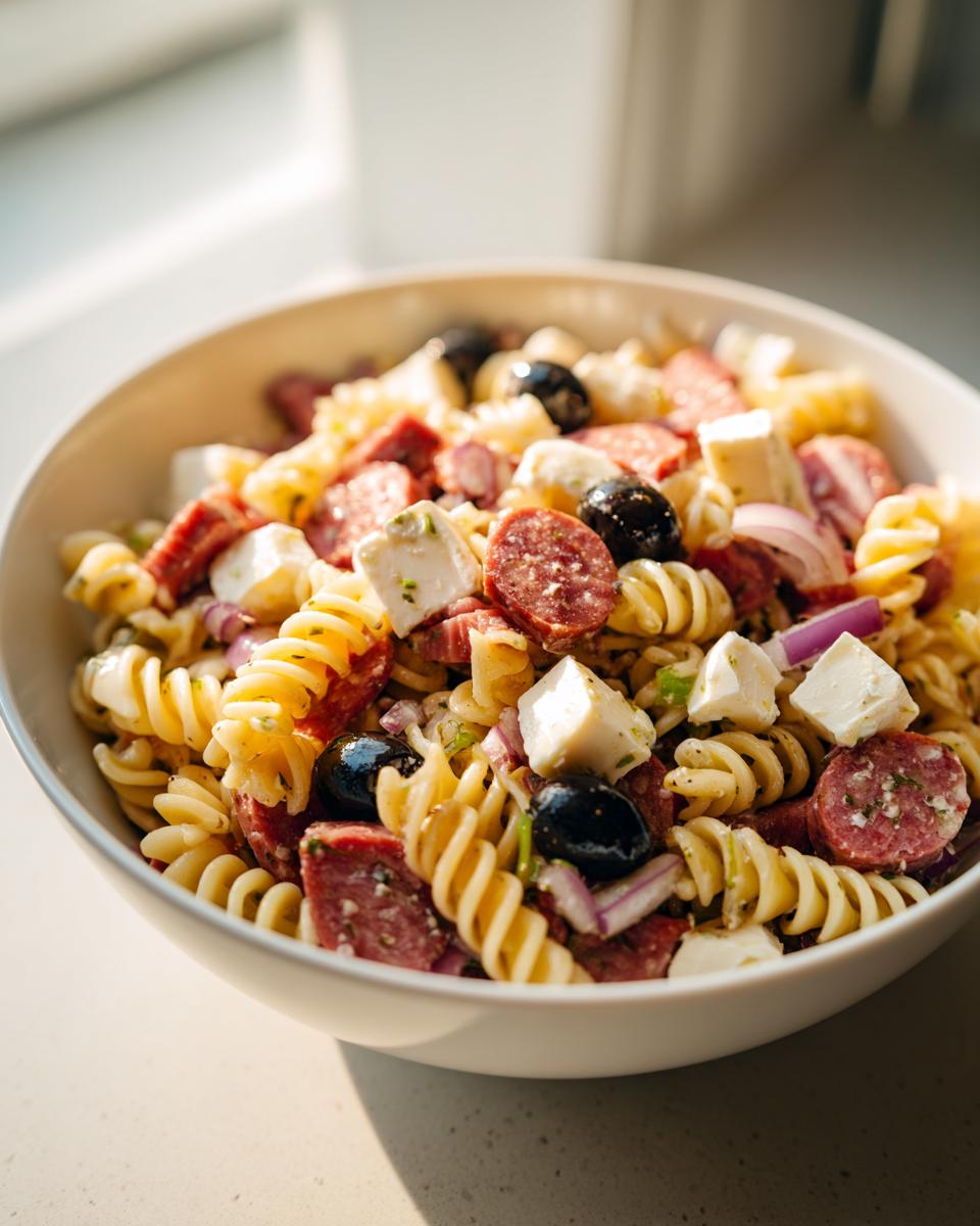 Bowl of Italian pasta salad: salami & mozzarella with olives, rotini pasta, and red onions.