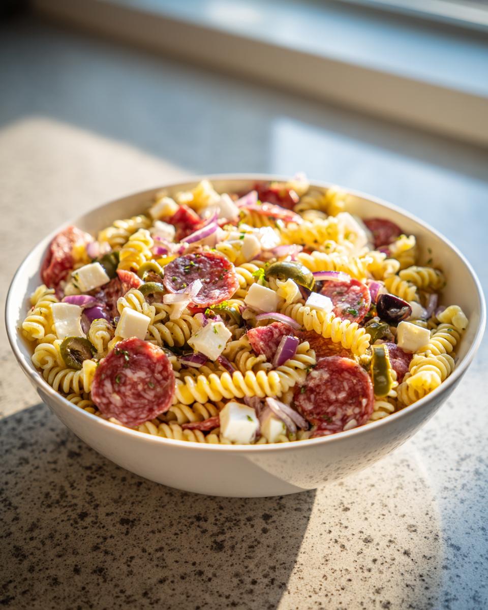 Bowl of Italian pasta salad with salami, mozzarella cubes, olives, and rotini pasta.