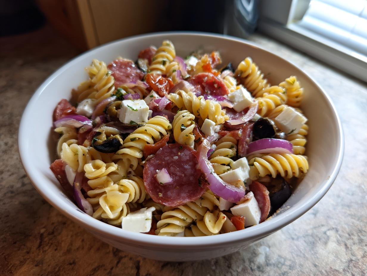 Bowl of Italian pasta salad with salami, mozzarella, red onions, olives, and rotini pasta.