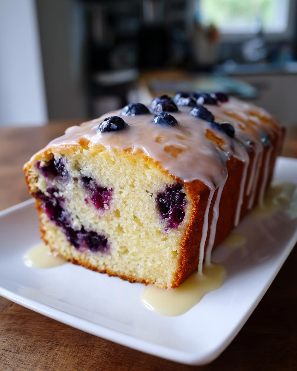 Close-up of a lemon blueberry loaf cake with glaze and fresh blueberries on white plate