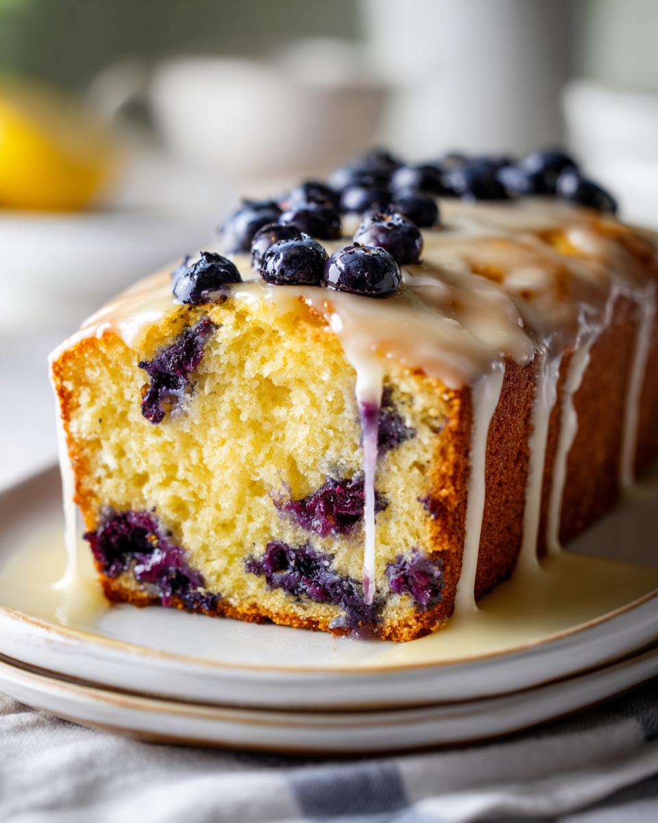 Close-up of lemon blueberry loaf cake with glaze dripping and fresh blueberries on top.