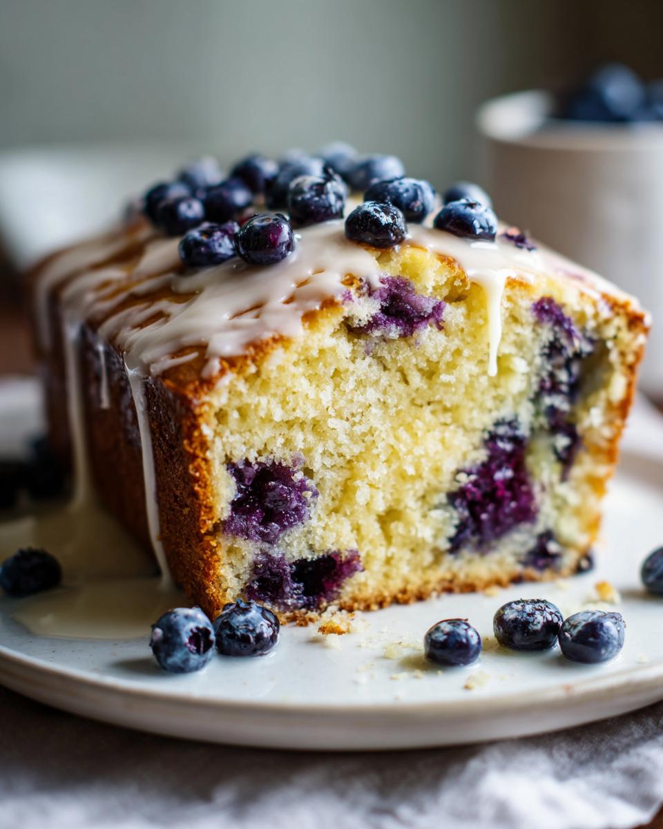 Close-up of a lemon blueberry loaf cake with glaze and fresh blueberries on a plate.