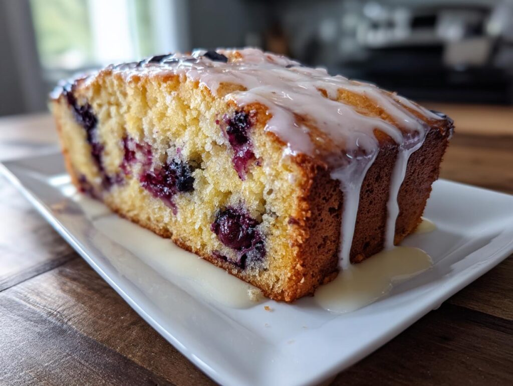 Close-up of lemon blueberry loaf cake with glaze dripping on a white plate