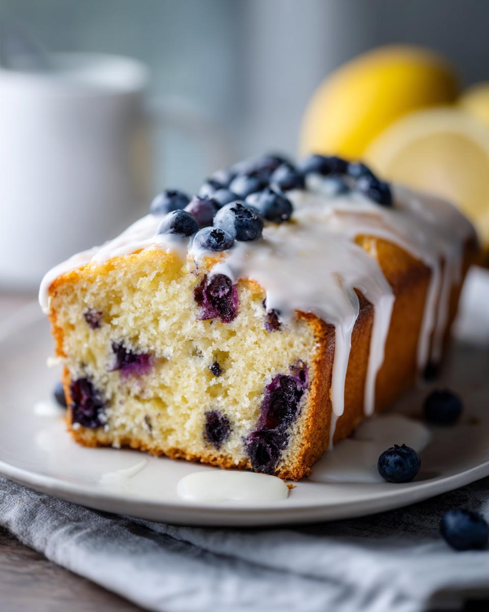 Slice of lemon blueberry loaf cake with glaze topped with fresh blueberries on a plate