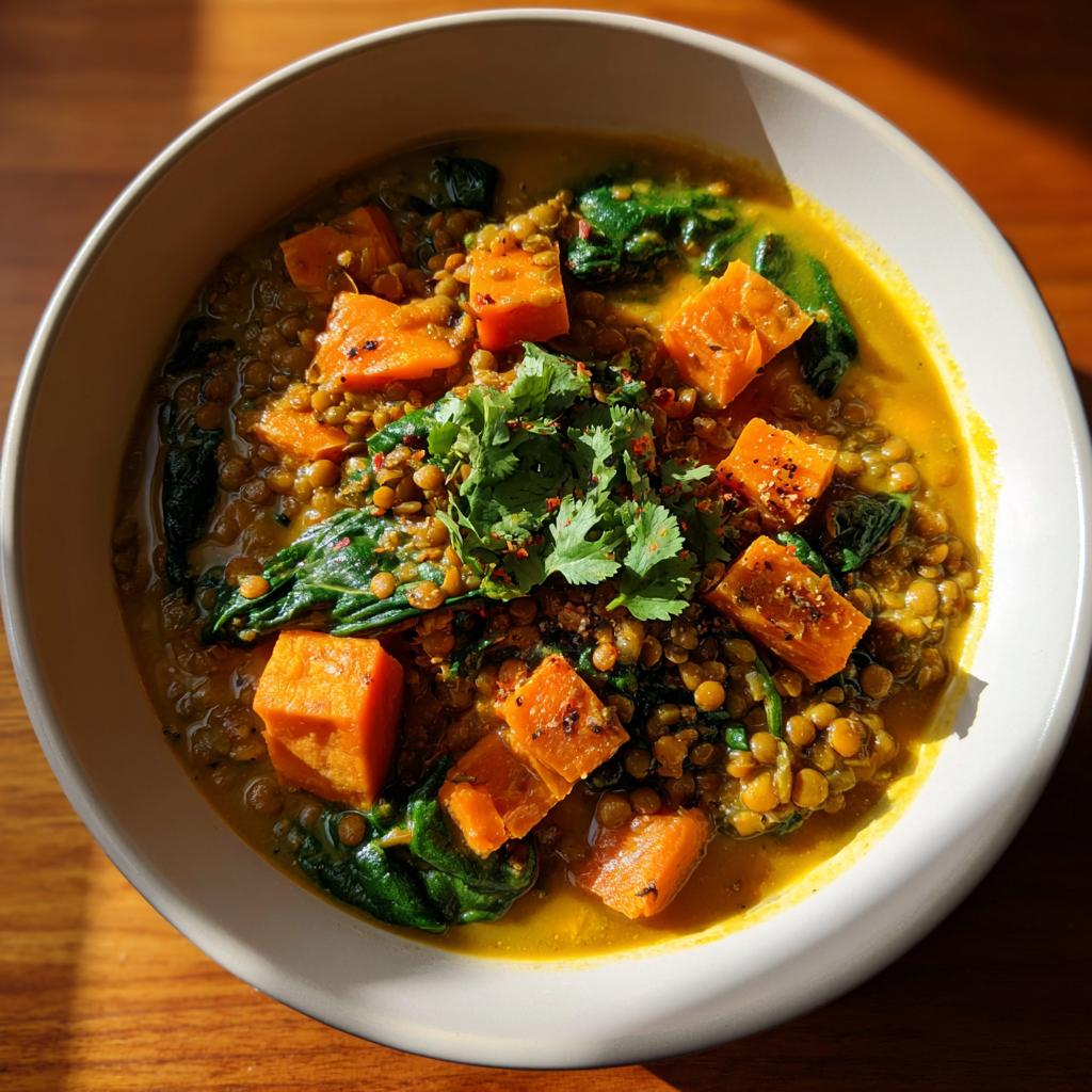 Bowl of lentil and sweet potato curry with spinach and fresh cilantro on top