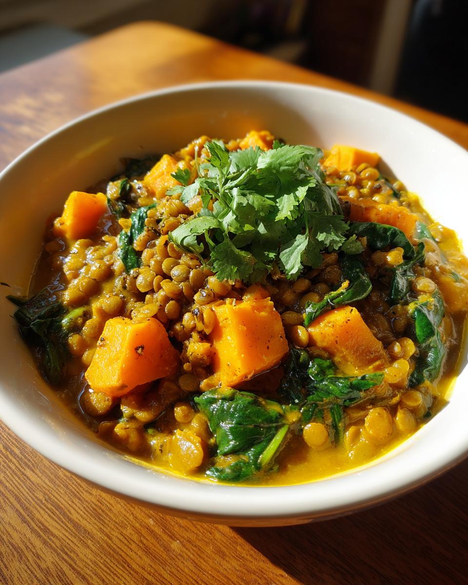 Bowl of lentil and sweet potato curry with spinach garnished with fresh cilantro.