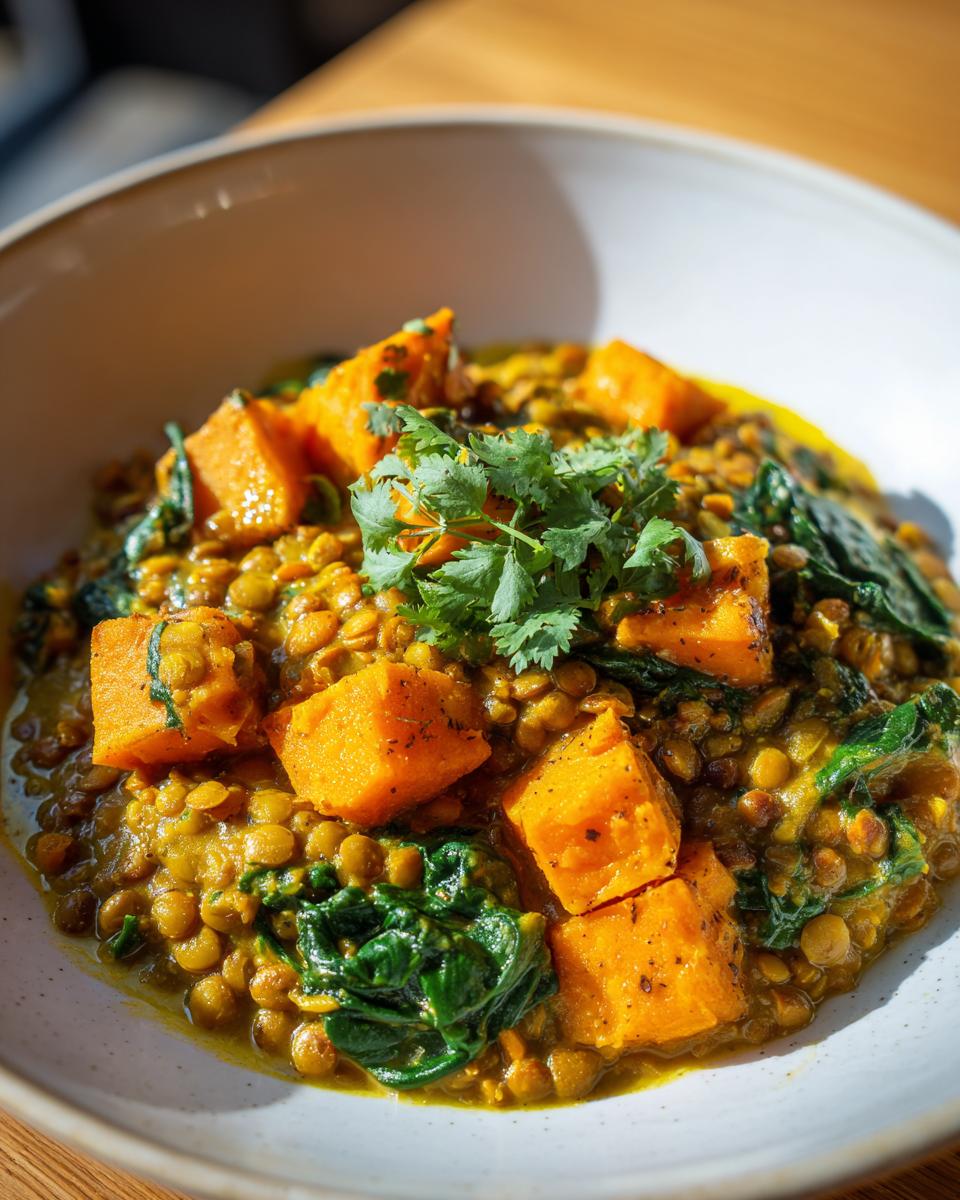 Bowl of lentil and sweet potato curry with spinach topped with fresh cilantro
