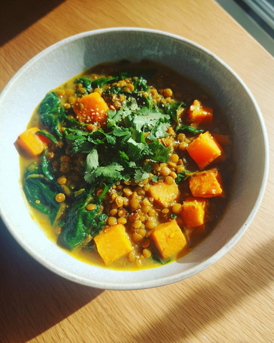 Bowl of lentil and sweet potato curry with spinach topped with fresh cilantro.