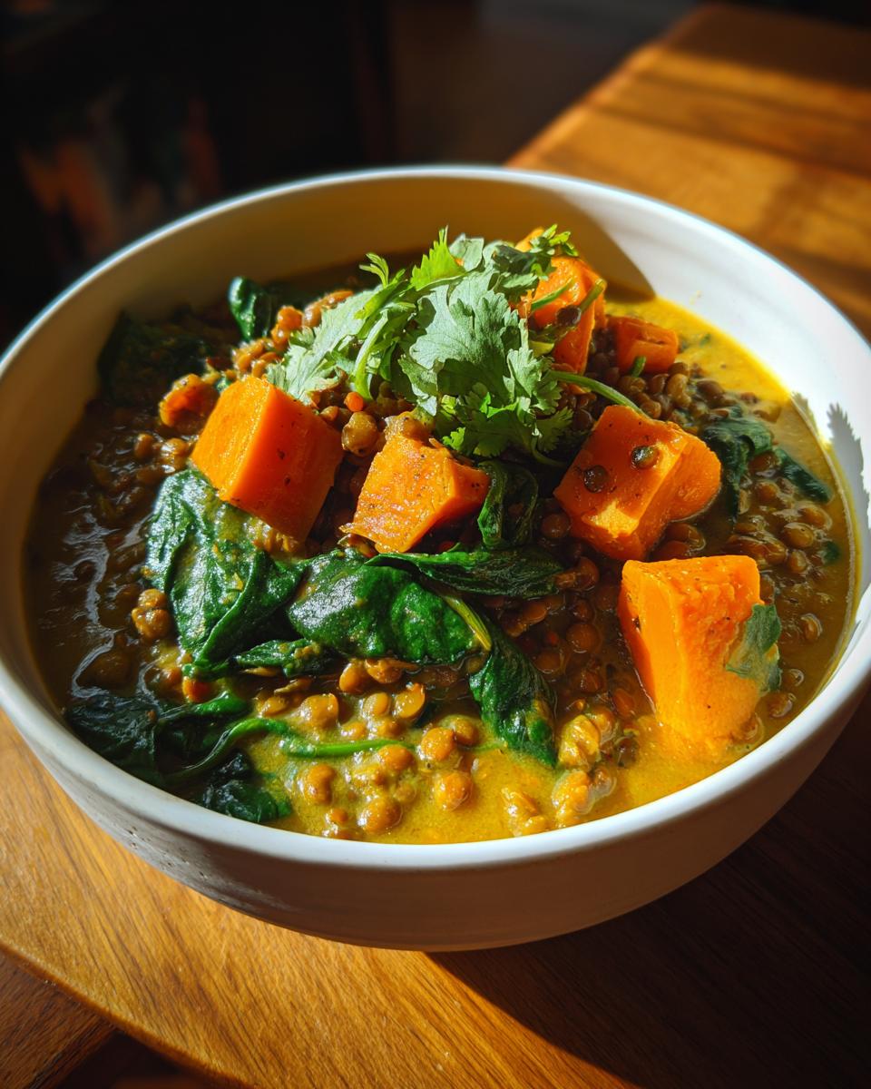 Bowl of lentil and sweet potato curry with spinach garnished with fresh cilantro