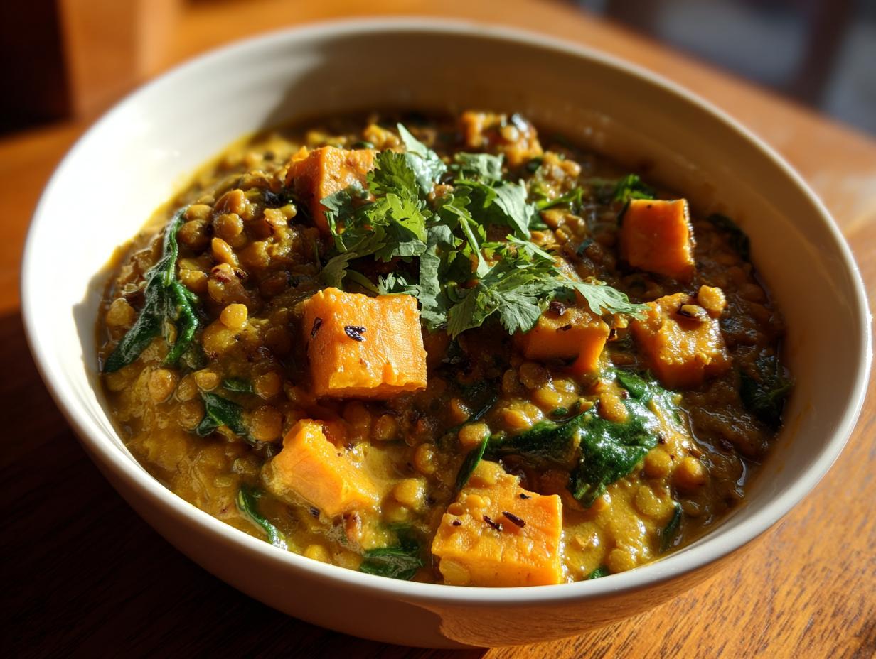 Bowl of lentil and sweet potato curry with spinach topped with fresh herbs