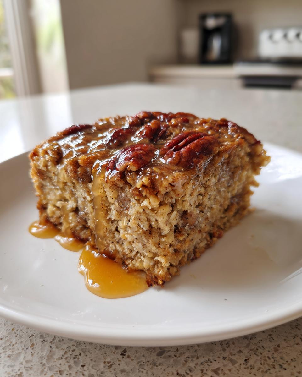 Close-up of a maple pecan baked oatmeal breakfast slice topped with pecans and drizzled syrup