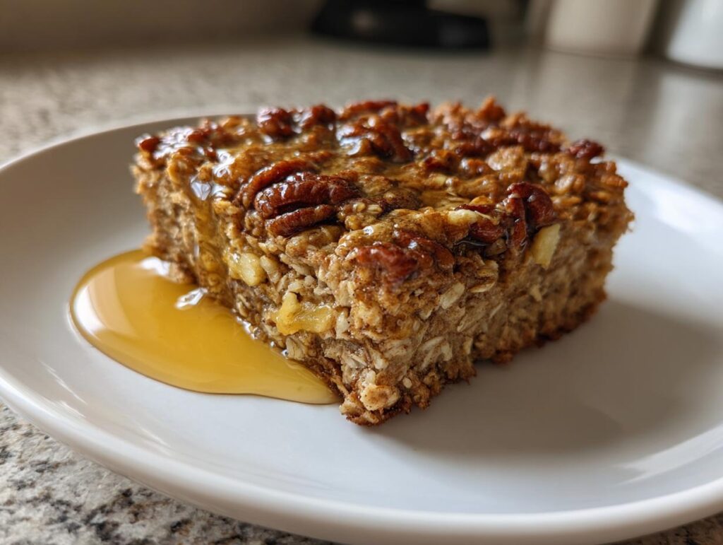 Close-up of maple pecan baked oatmeal breakfast slice drizzled with maple syrup on white plate