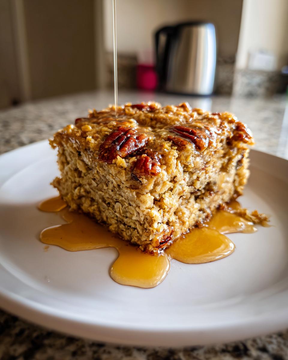Slice of maple pecan baked oatmeal breakfast with syrup being poured on a white plate.