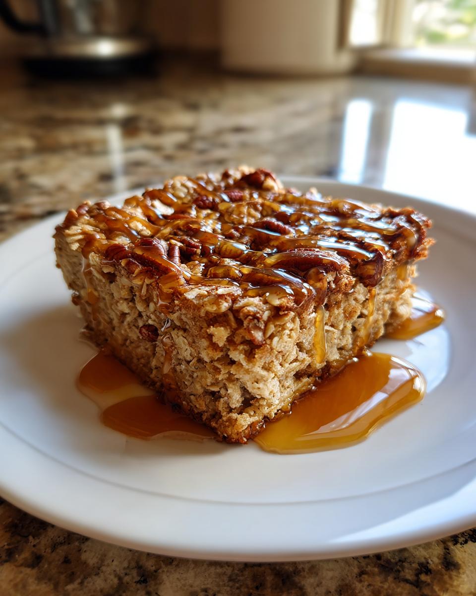 Square slice of maple pecan baked oatmeal breakfast with syrup drizzled on top on white plate