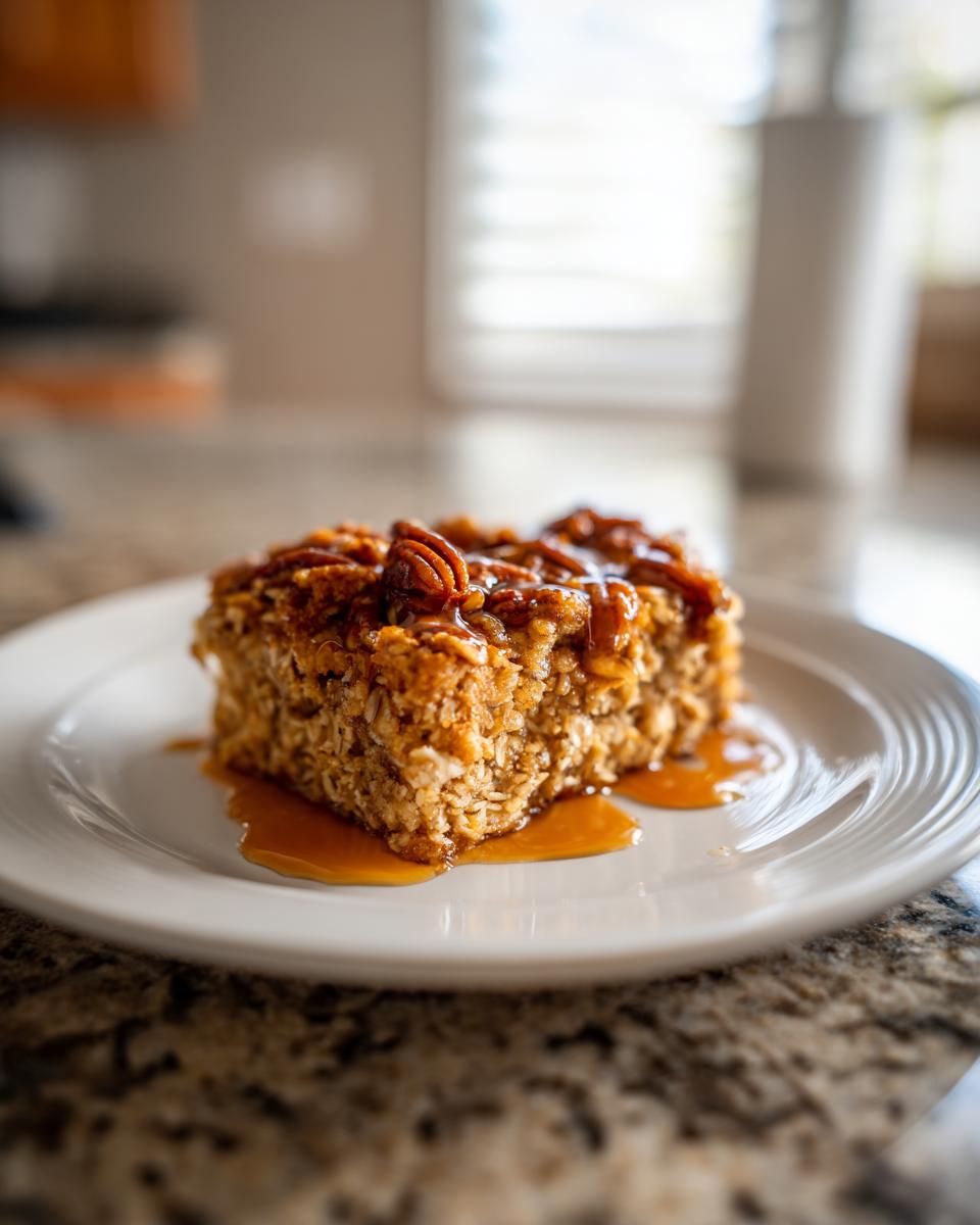 A slice of maple pecan baked oatmeal breakfast with pecans and maple syrup on a white plate.