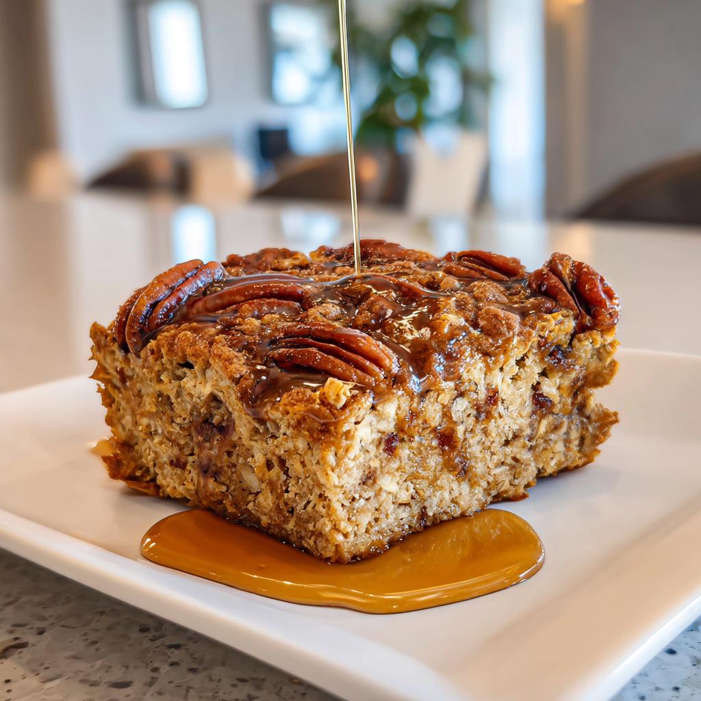 Close-up of maple pecan baked oatmeal breakfast square topped with pecans and syrup drizzle