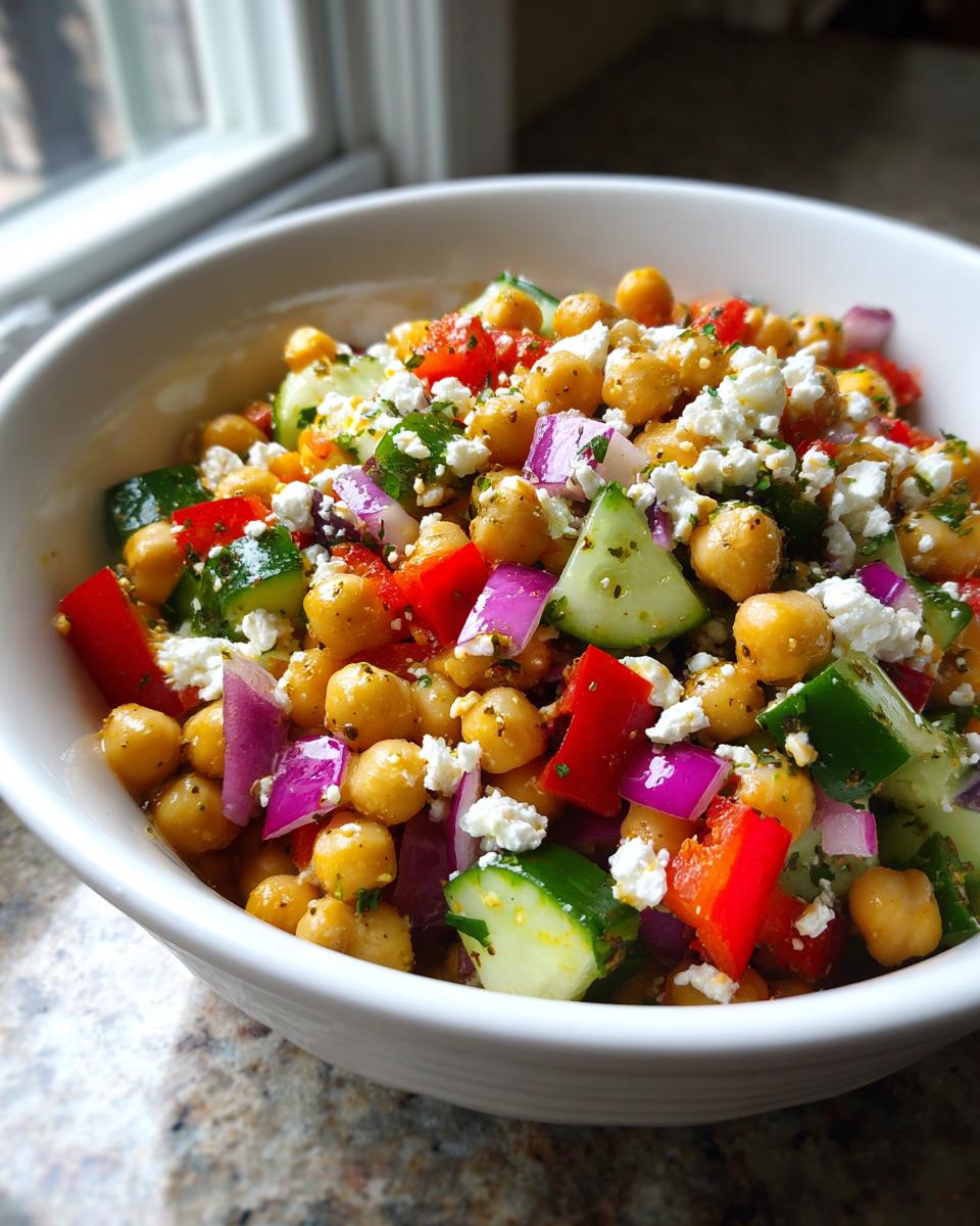 Colorful bowl of mediterranean chickpea and veggie salad with cucumbers, red peppers, onions, and feta