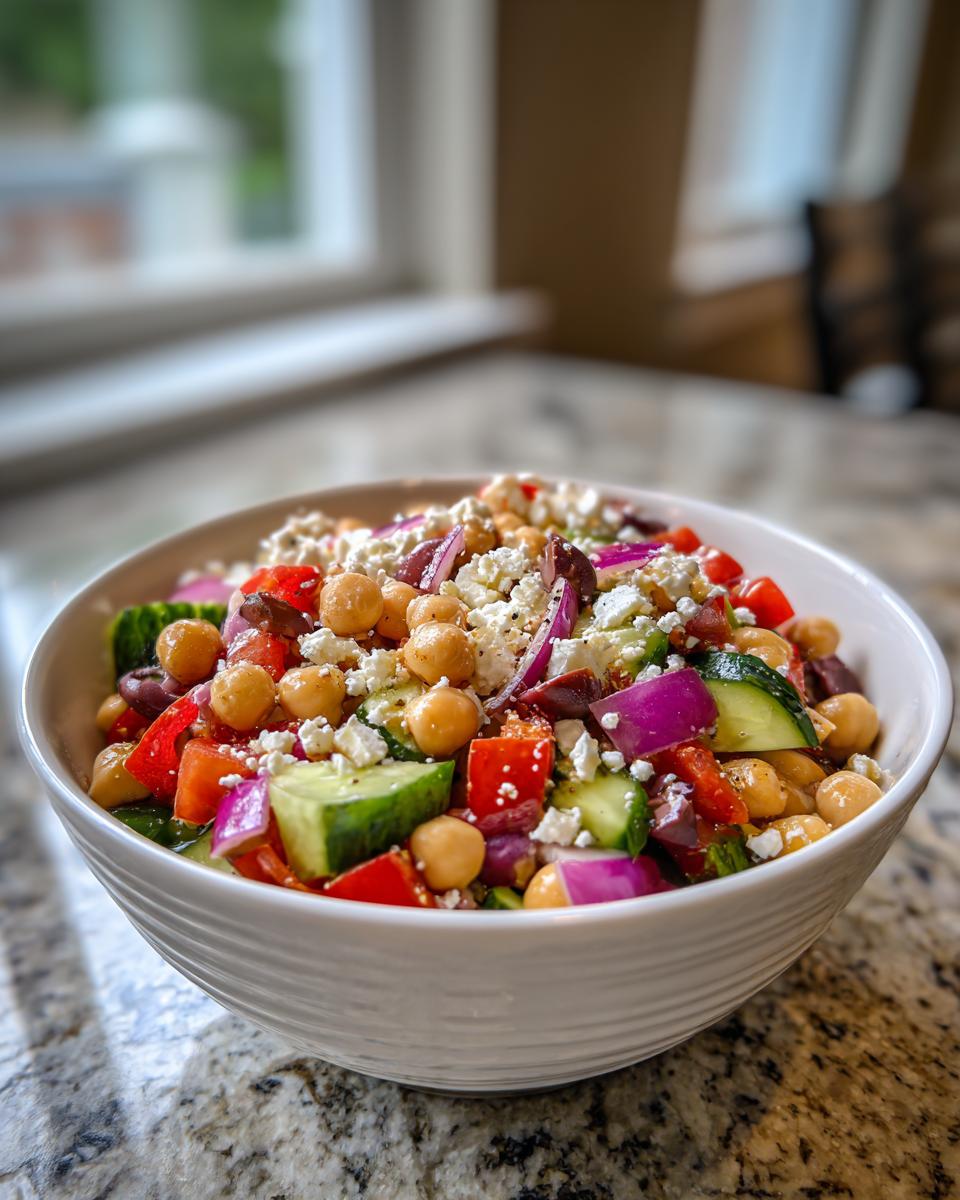 Bright bowl of Mediterranean chickpea and veggie salad with cucumbers, tomatoes, onions, and feta cheese.