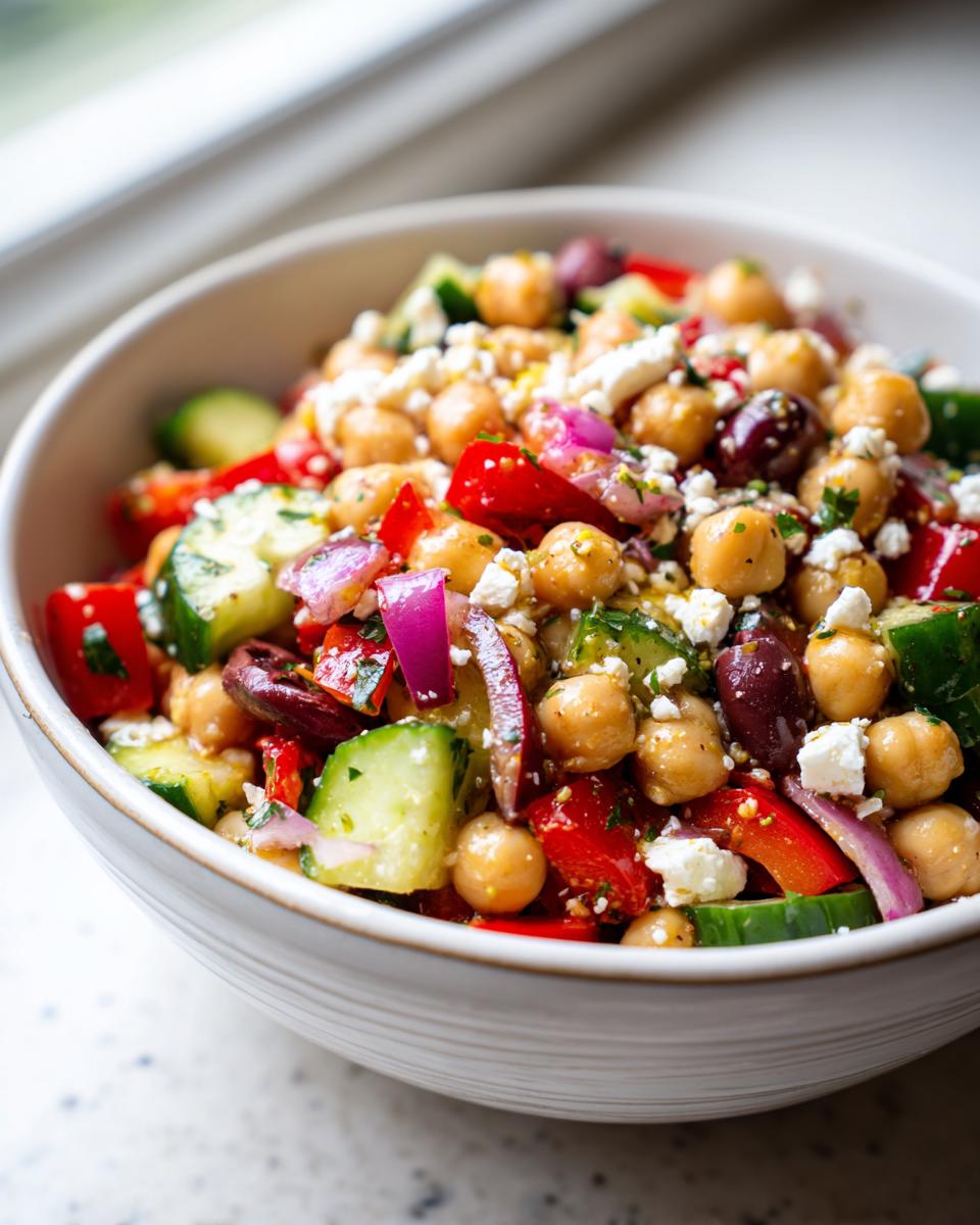 Bowl of Mediterranean chickpea and veggie salad with chickpeas, cucumbers, red onions, olives, and feta cheese.