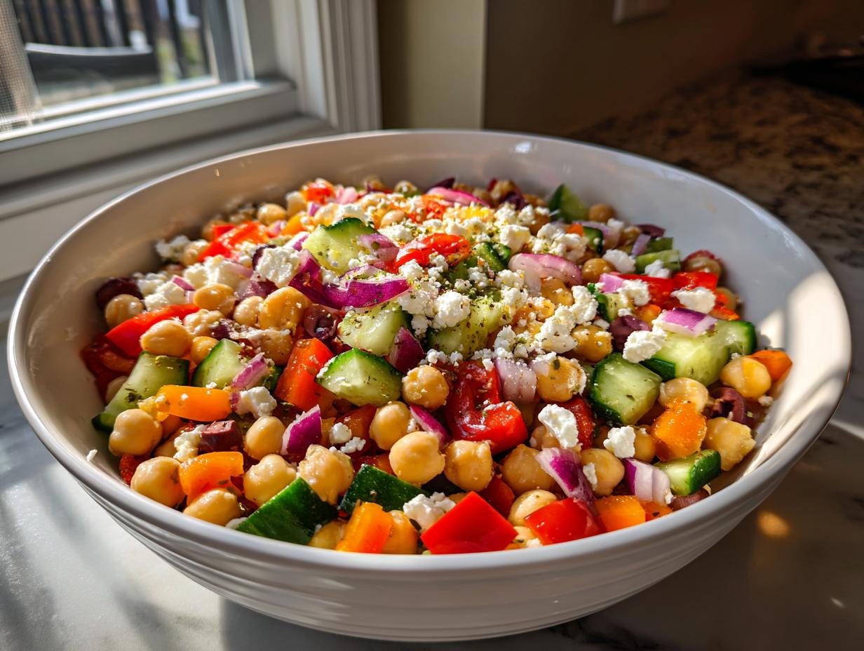 Bowl of colorful mediterranean chickpea and veggie salad with cucumbers, peppers, onions, and feta cheese.