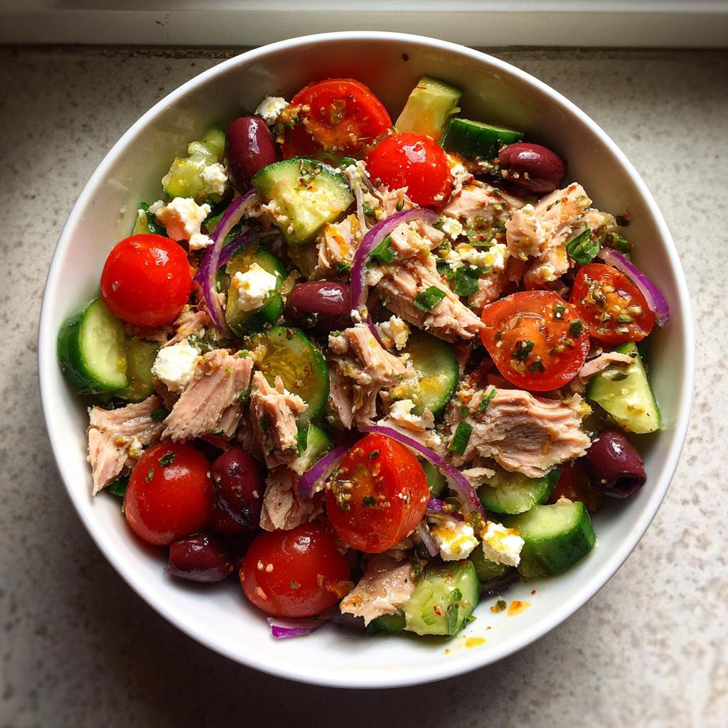 Mediterranean tuna salad with cherry tomatoes, cucumbers, olives, red onions, and feta cheese in a white bowl.