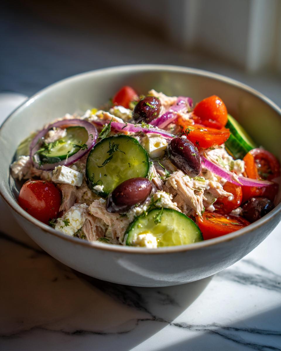 Bowl of mediterranean tuna salad with cucumbers, cherry tomatoes, olives, feta, and red onions