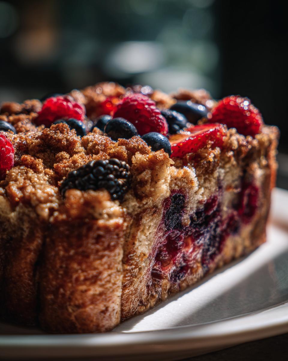 Close-up of mixed berry baked french toast with streusel topping and fresh berries on a plate.