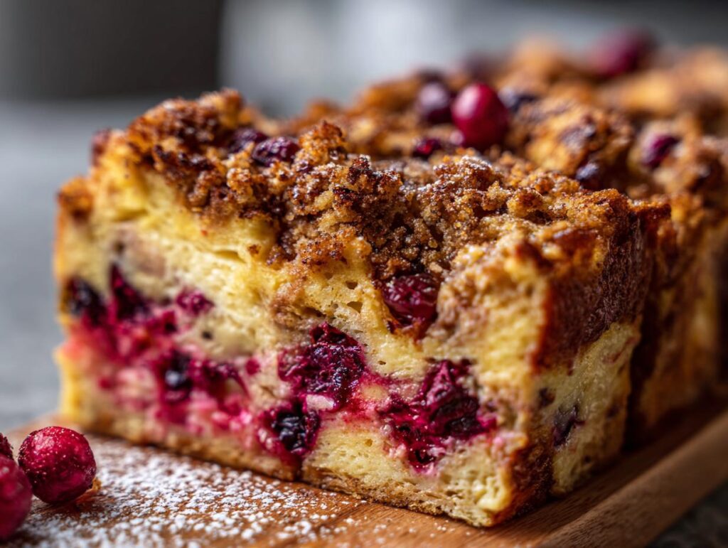 Close-up of mixed berry baked french toast with streusel topping and powdered sugar