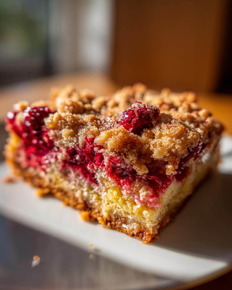 Slice of mixed berry baked french toast with streusel topping on a white plate.