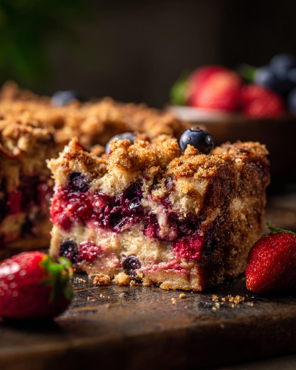 Close-up of a slice of mixed berry baked french toast with streusel topping and fresh berries