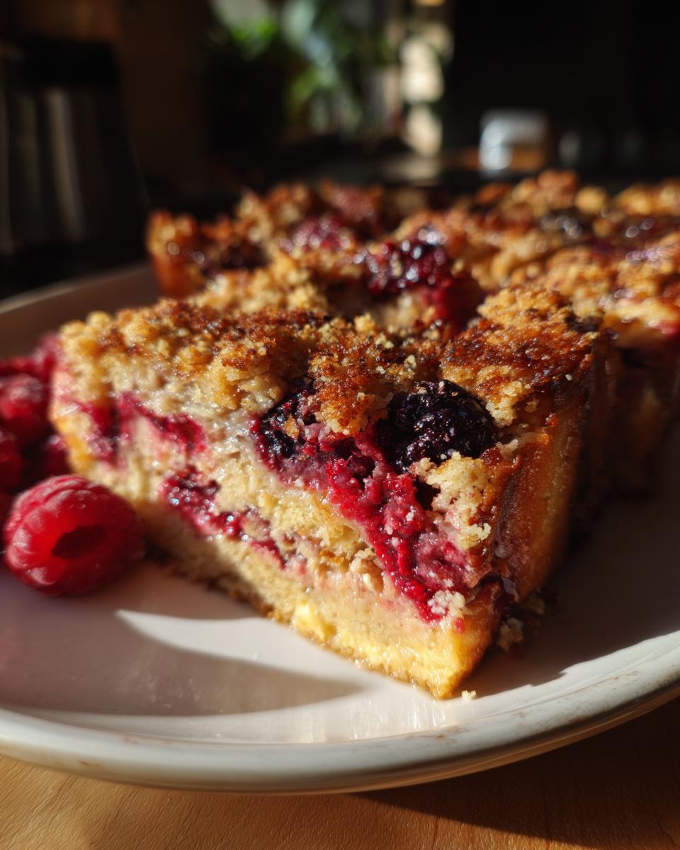 Slice of mixed berry baked french toast with streusel topping on a white plate