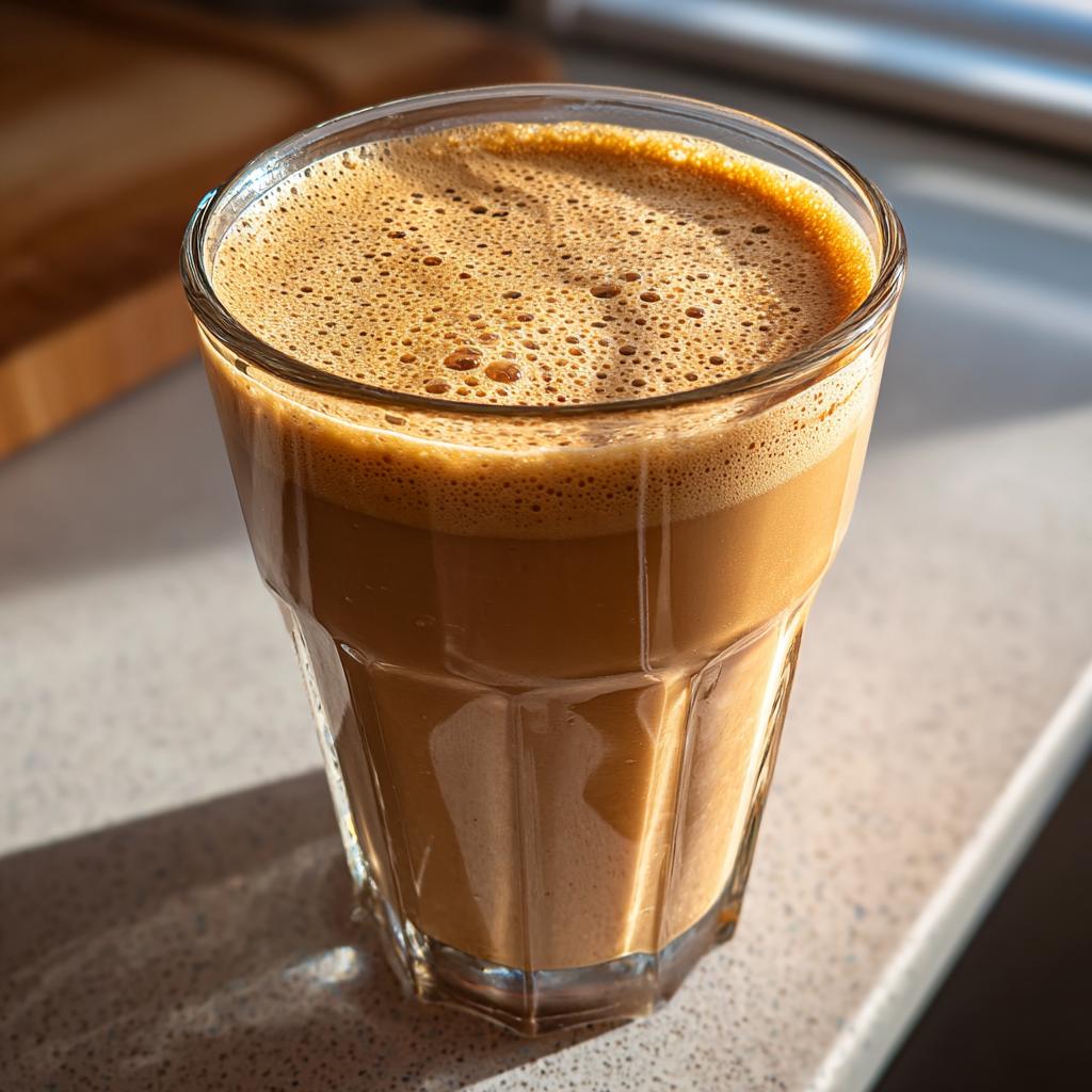 Glass filled with mocha coffee smoothie for breakfast on a countertop with sunlight