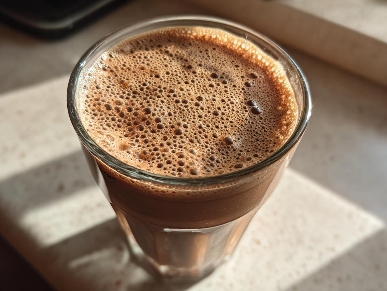 Glass filled with frothy mocha coffee smoothie for breakfast on a light surface.