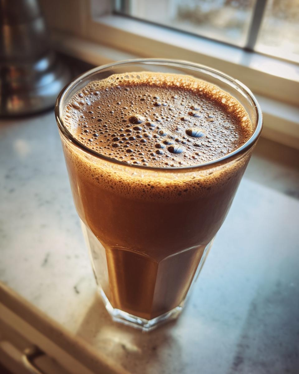 Close-up of a frothy mocha coffee smoothie for breakfast in a clear glass