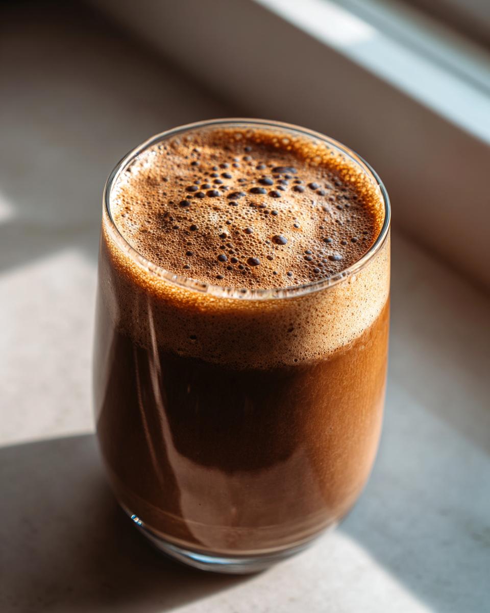 Close-up of a frothy mocha coffee smoothie for breakfast in a clear glass.