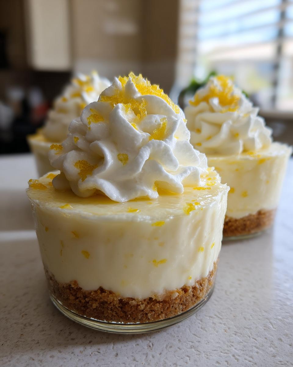 Three no bake lemon cheesecake cups with crunchy crust and whipped cream topping