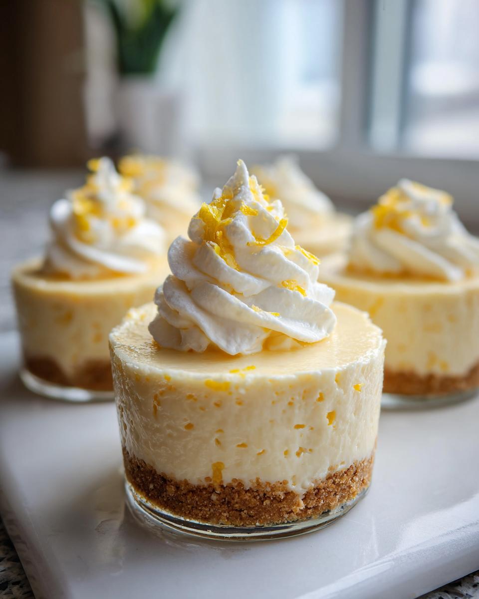 Close-up of no bake lemon cheesecake cups topped with whipped cream and lemon zest in glass jars.