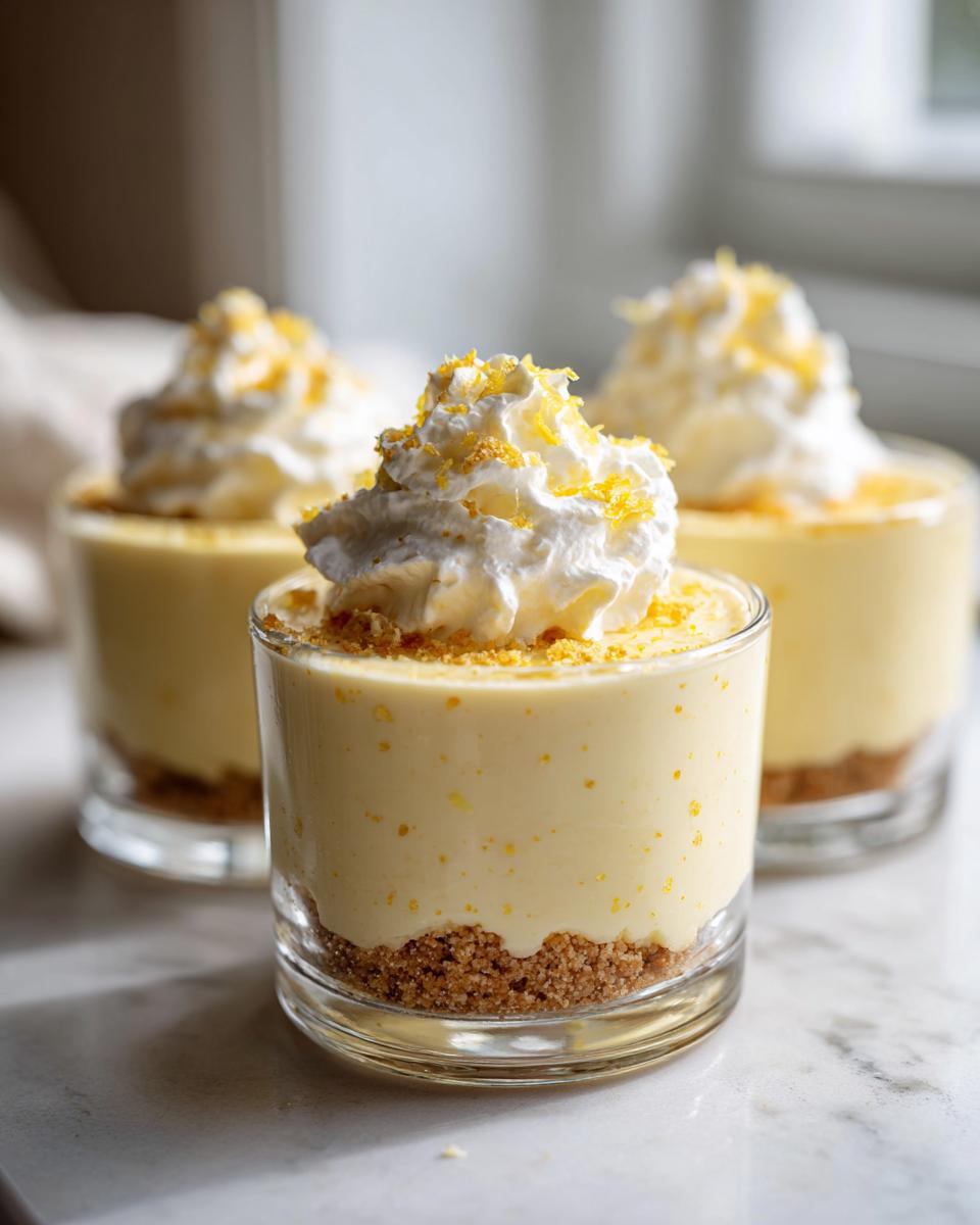 Three no bake lemon cheesecake cups topped with whipped cream and lemon zest in clear glasses.