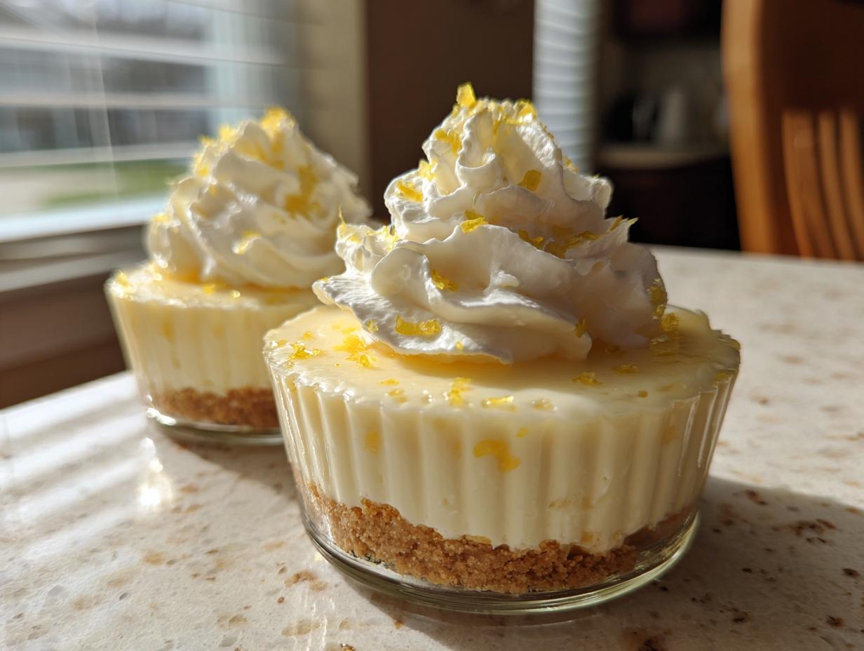 Two no bake lemon cheesecake cups topped with whipped cream and lemon zest on a marble countertop.