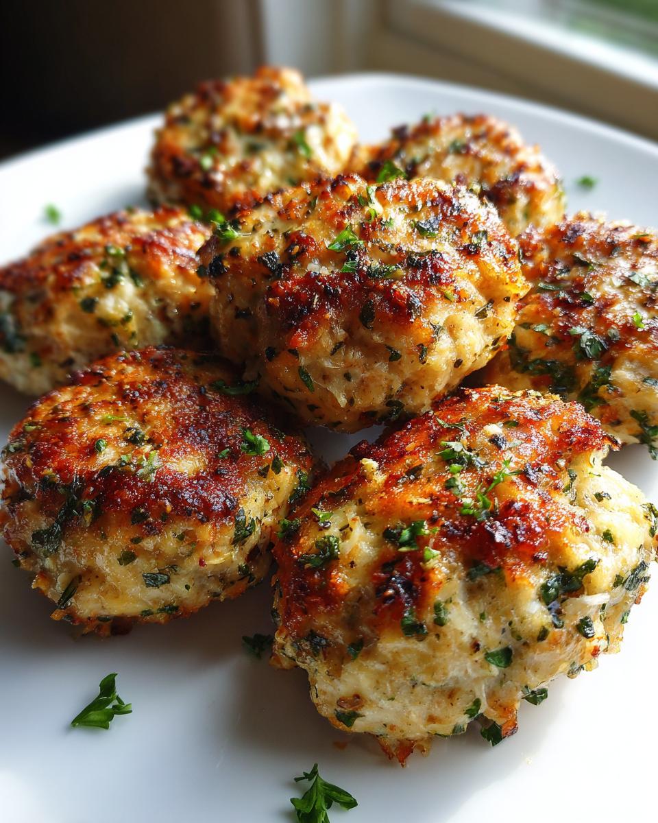 Close-up of golden parmesan garlic baked chicken meatballs garnished with herbs on a white plate