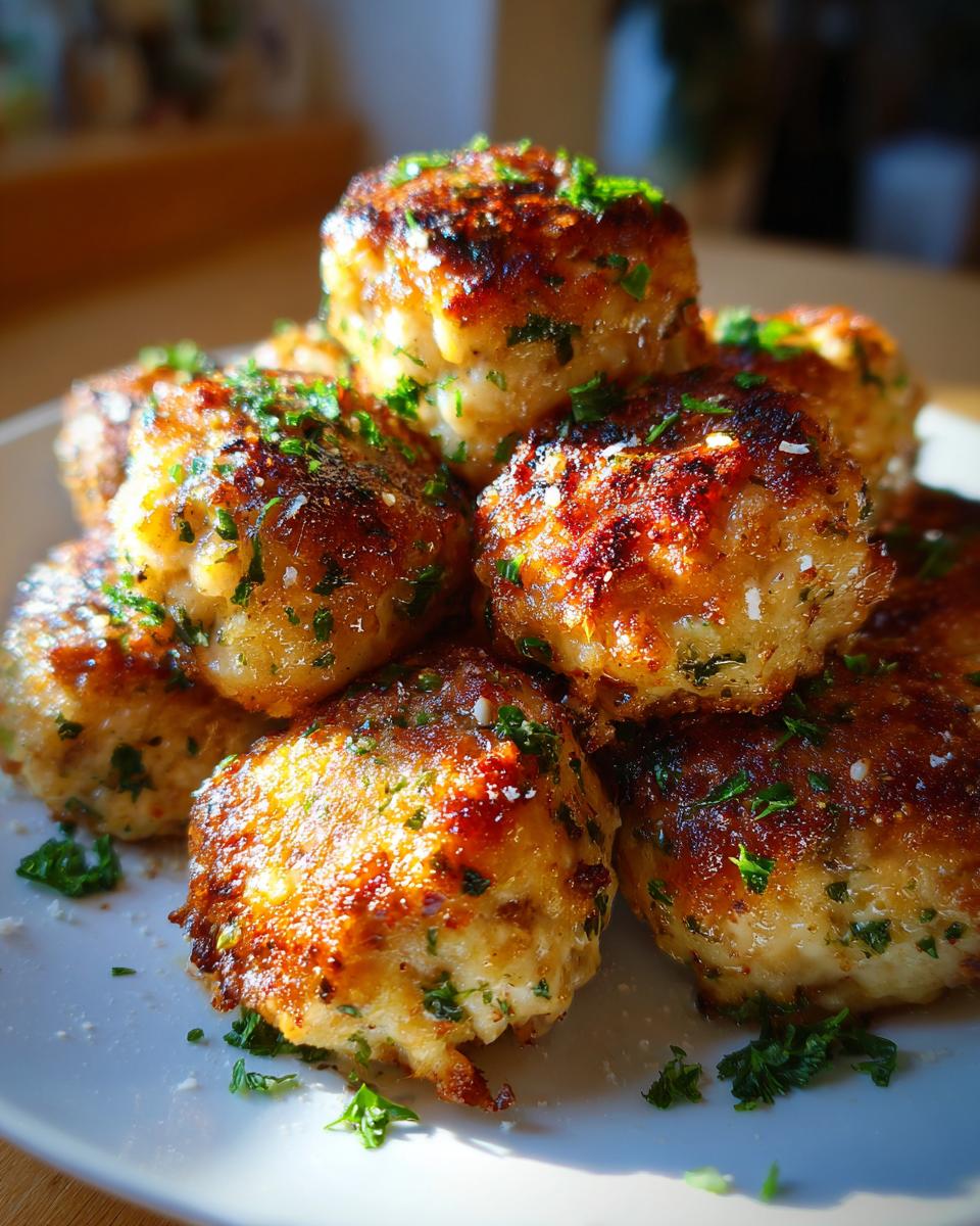 Close-up of golden parmesan garlic baked chicken meatballs garnished with fresh herbs on a white plate.