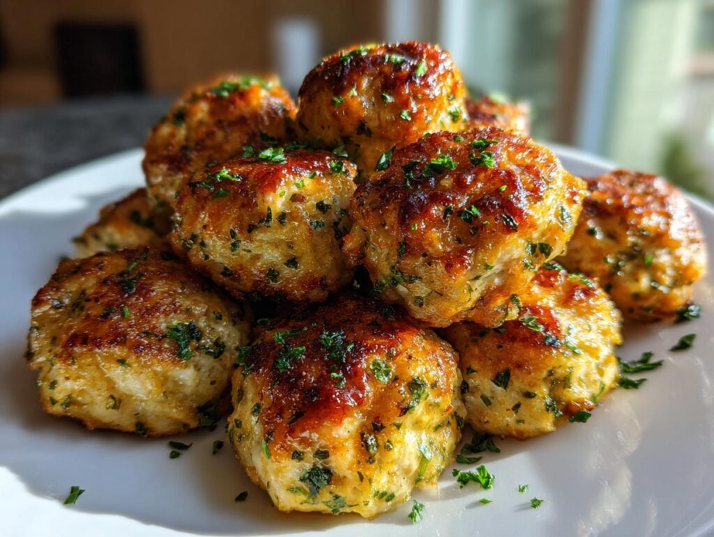 Close-up of golden brown parmesan garlic baked chicken meatballs garnished with chopped parsley.