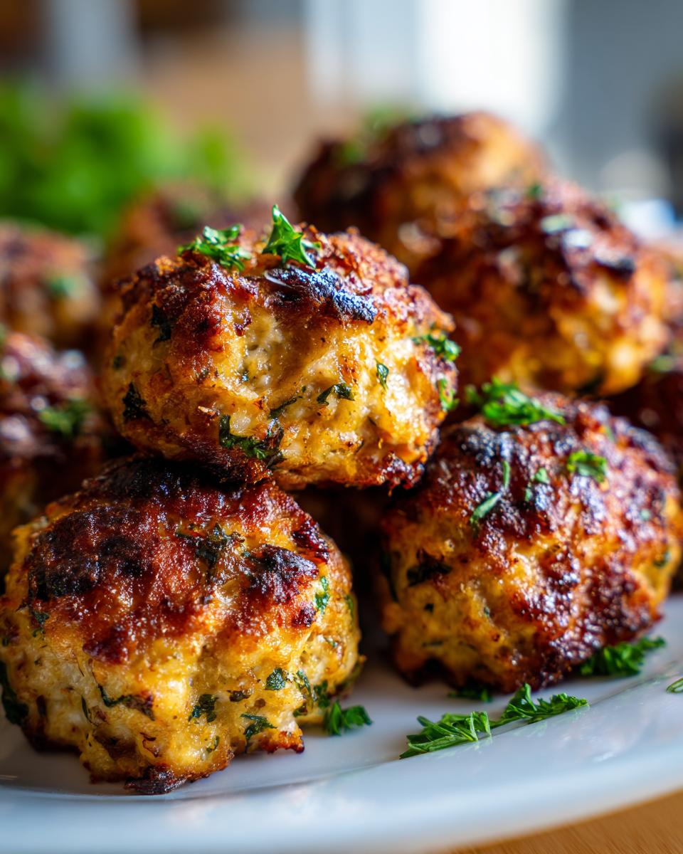 Golden brown parmesan garlic baked chicken meatballs garnished with fresh herbs on a white plate.