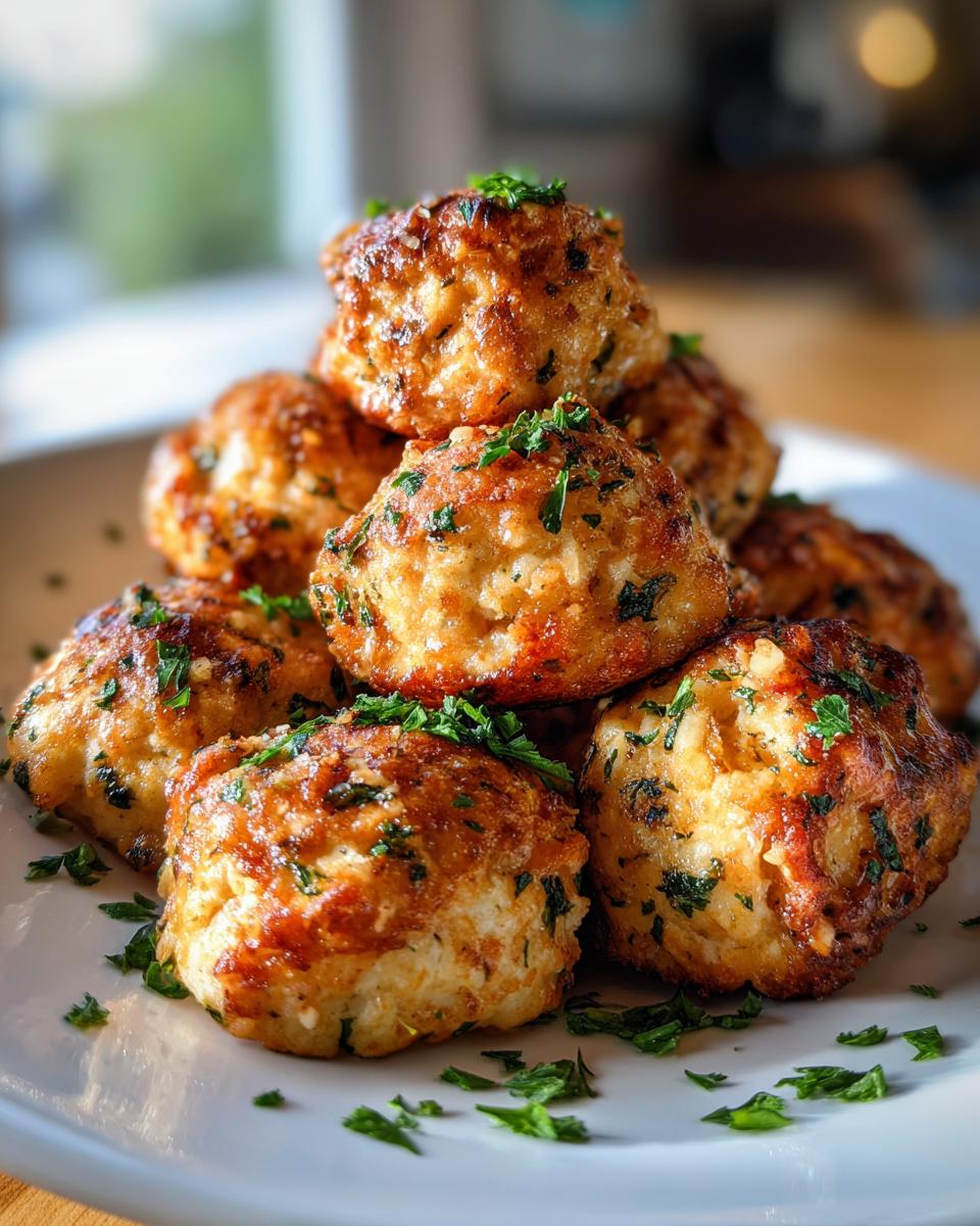 Close-up of golden parmesan garlic baked chicken meatballs garnished with fresh herbs on a white plate.