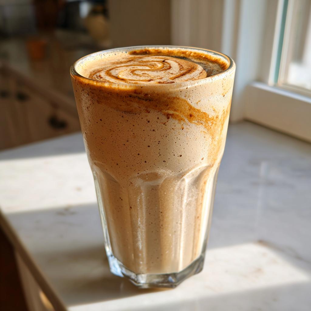 Close-up of a creamy peanut butter banana protein smoothie with swirled topping in a tall glass.