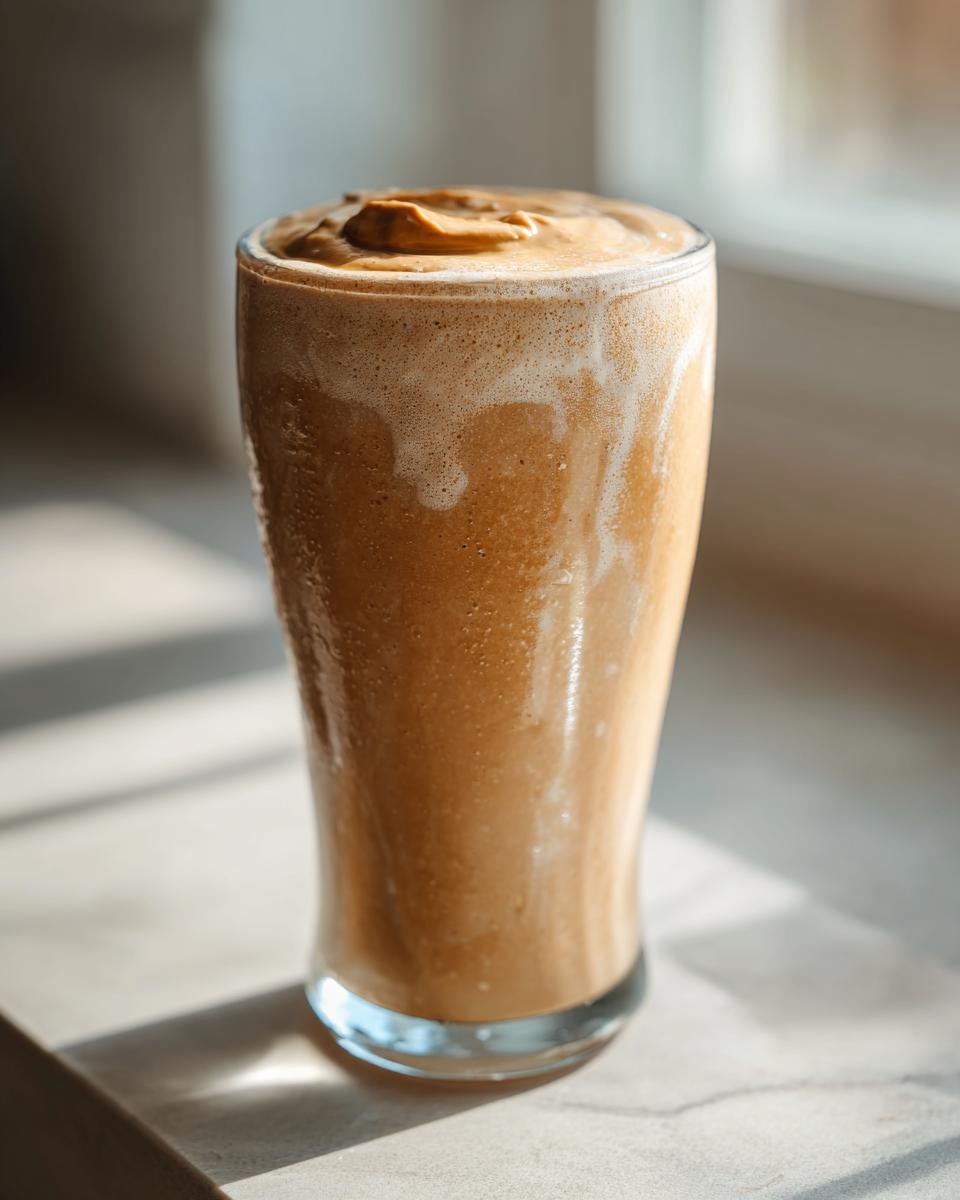 Close-up of a creamy peanut butter banana protein smoothie in a glass with thick texture.