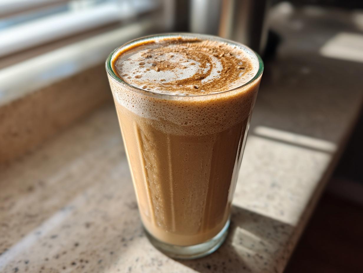 Close-up of a frothy peanut butter banana protein smoothie in a glass on a kitchen counter.