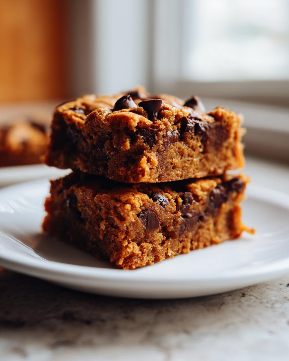 Close-up of two stacked peanut butter chocolate chip blondies on a white plate