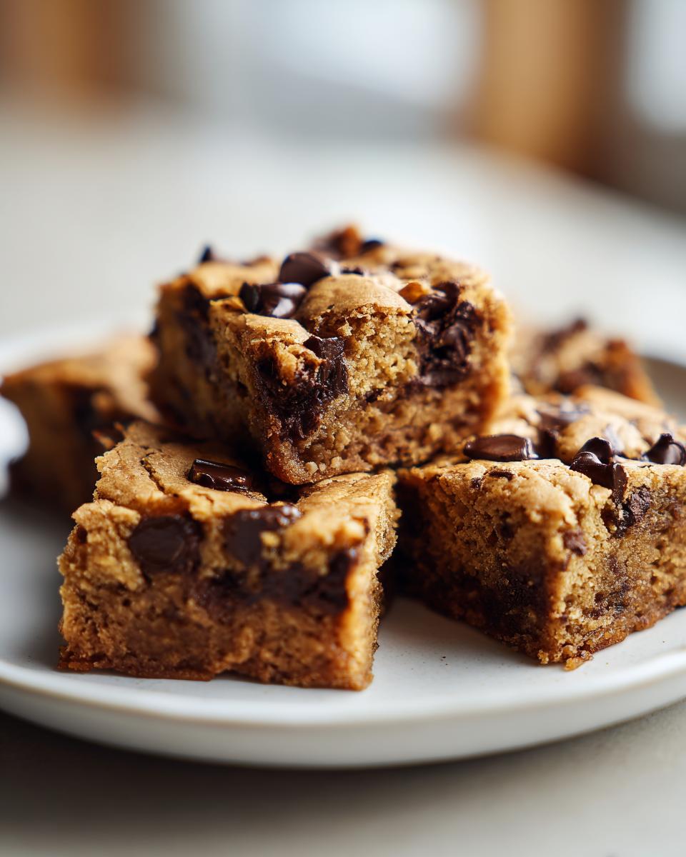 Close-up of peanut butter chocolate chip blondies stacked on a white plate.