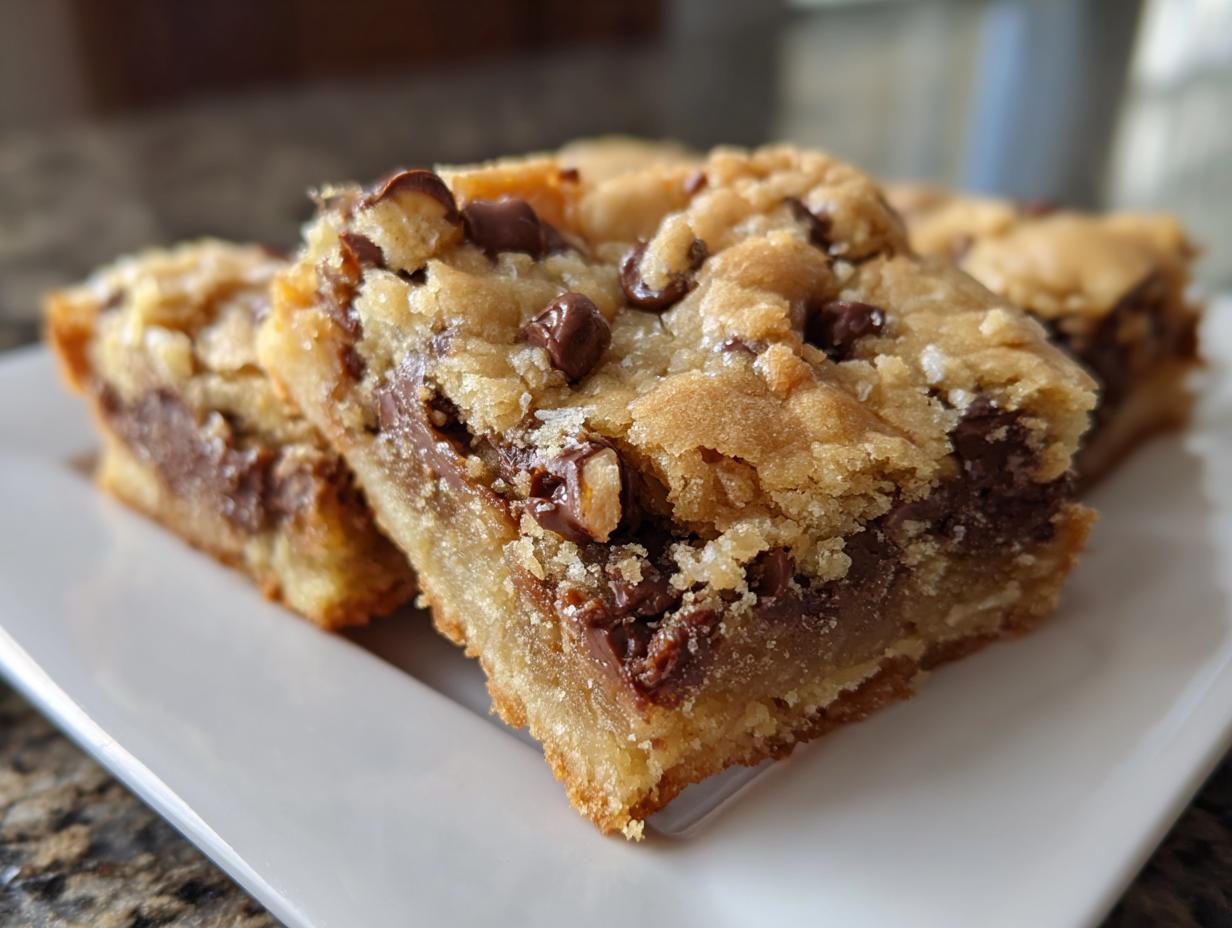 Two square peanut butter chocolate chip blondies on a white plate with melted chocolate chips